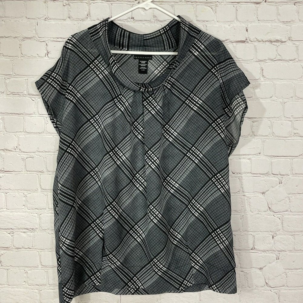 EUC Apostrophe Semi Sheer Black White Tartan Plaid Drop Shoulder Top Blouse XL